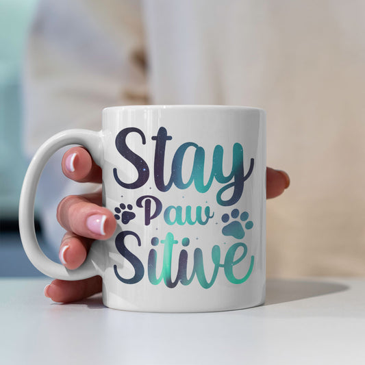 Staw Paw Sitive with Green Galaxy font Mugs at $13.95 found at Personalizedpetlovergifts