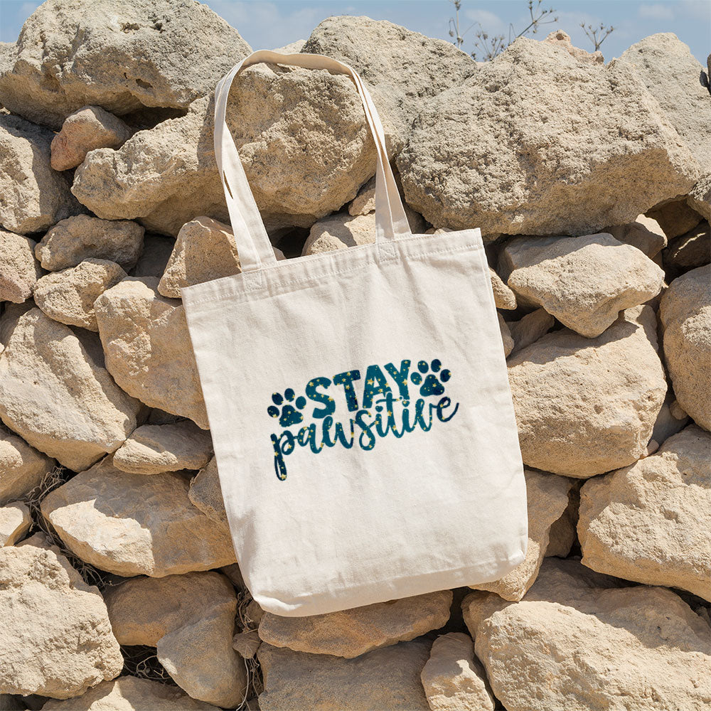 Stay Pawsitive With Paws With Blue Gradient Font Totes at $22.95 found at Personalizedpetlovergifts