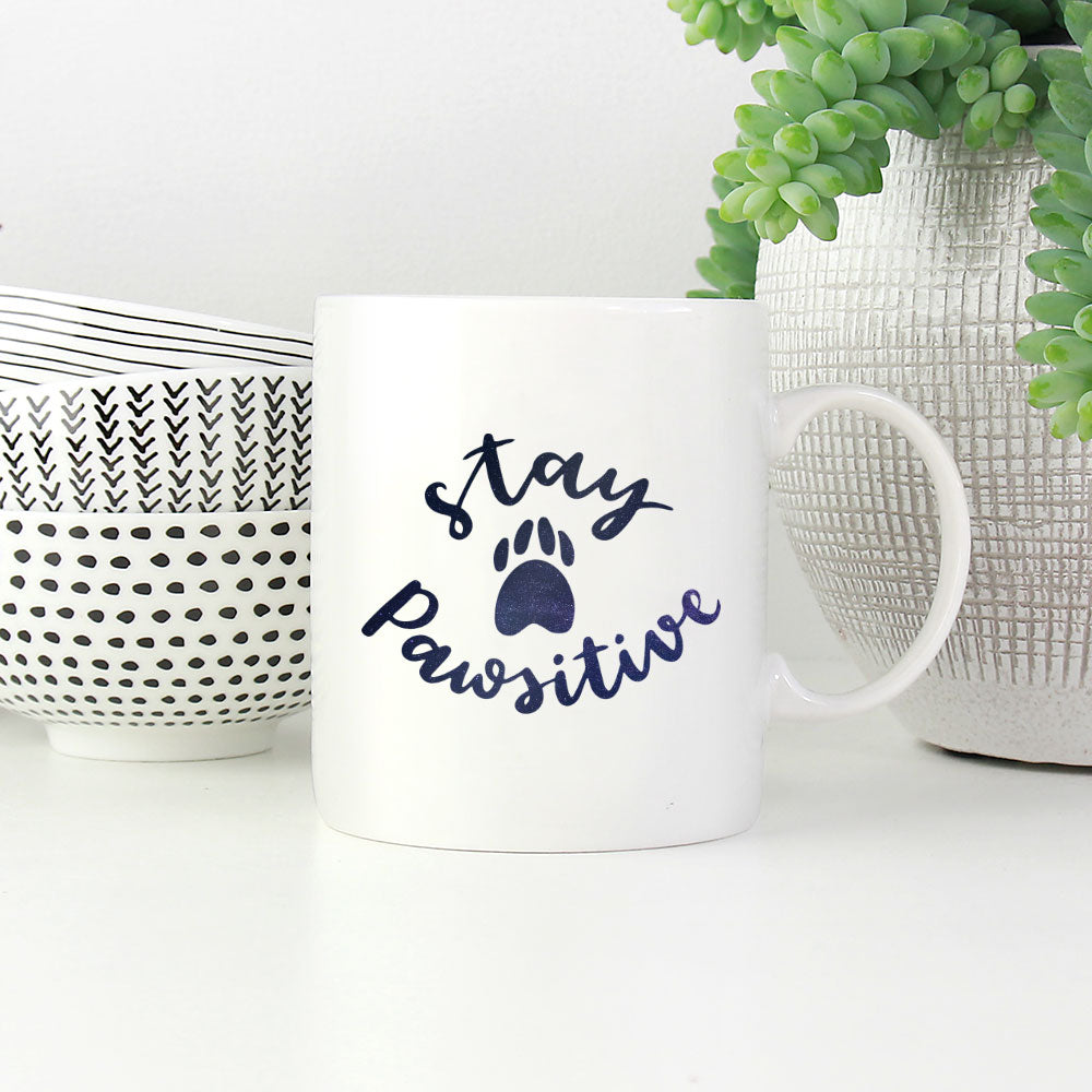 Stay Pawsitive With Paws with Green Galaxy font Mugs at $13.95 found at Personalizedpetlovergifts