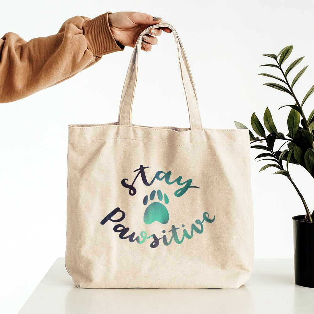 Stay Pawsitive With Paws With Star Font Totes at $22.95 found at Personalizedpetlovergifts