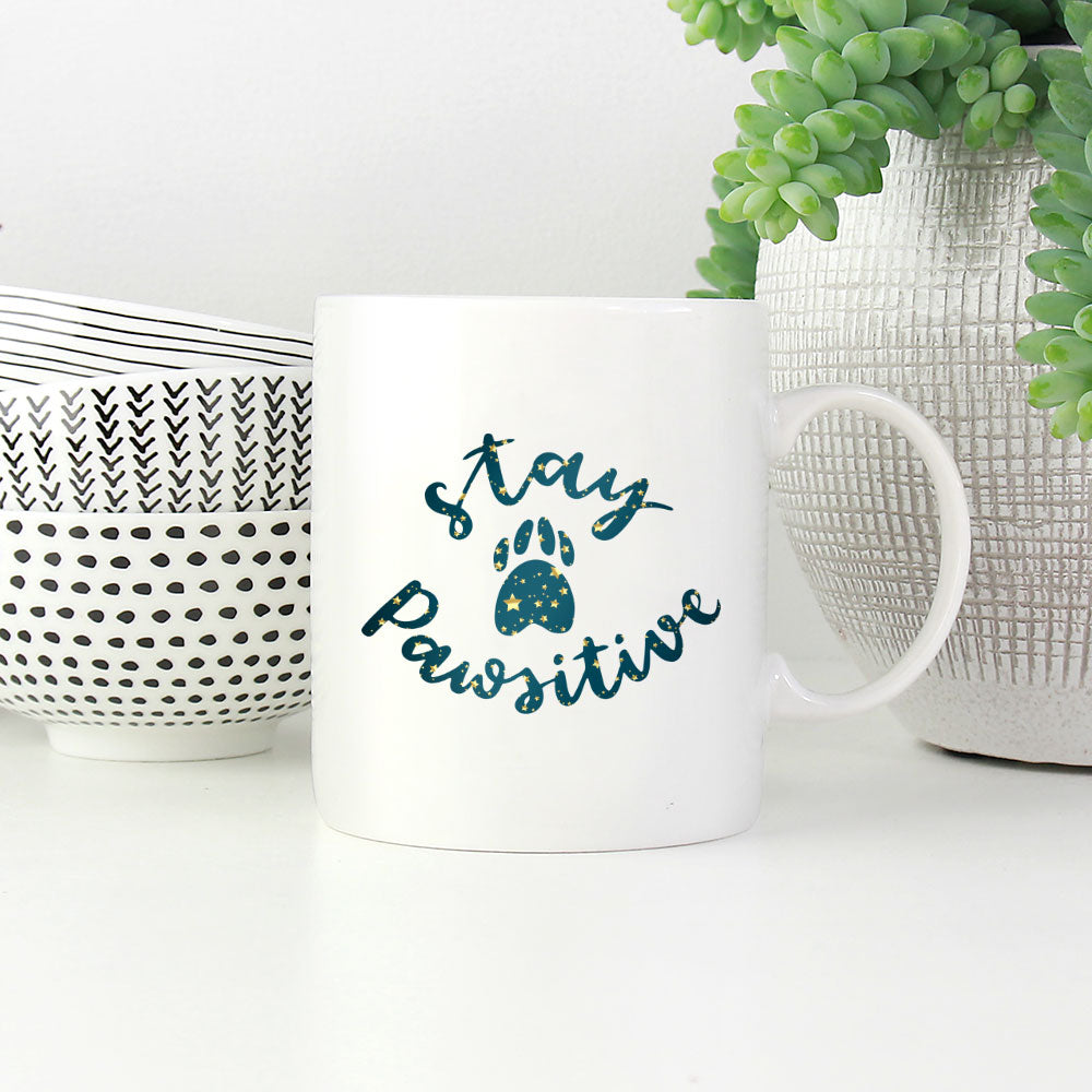 Stay Pawsitive with star font Mugs at $13.95 found at Personalizedpetlovergifts