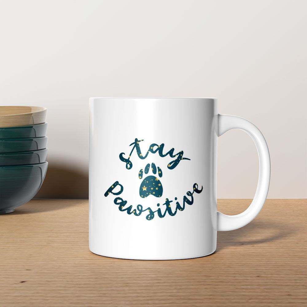 Stay Pawsitive with star font Mugs at $13.95 found at Personalizedpetlovergifts