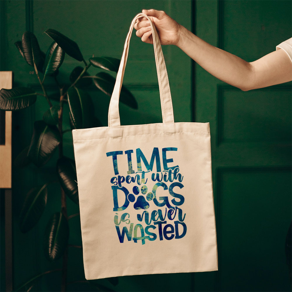 Time Spent WIth Dogs Is Never Wasted With Blue Paint Font Totes at $22.95 found at Personalizedpetlovergifts