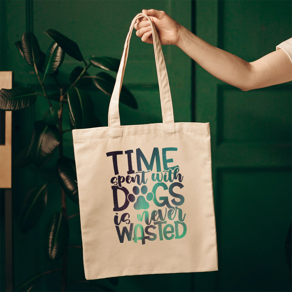 Time Spent WIth Dogs Is Never Wasted With Green Galaxy Font Totes at $22.95 found at Personalizedpetlovergifts