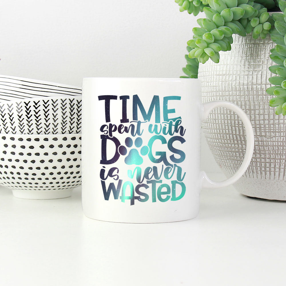 Time Spent WIth Dogs Is Never Wasted with Green Galaxy font Mugs at $13.95 found at Personalizedpetlovergifts