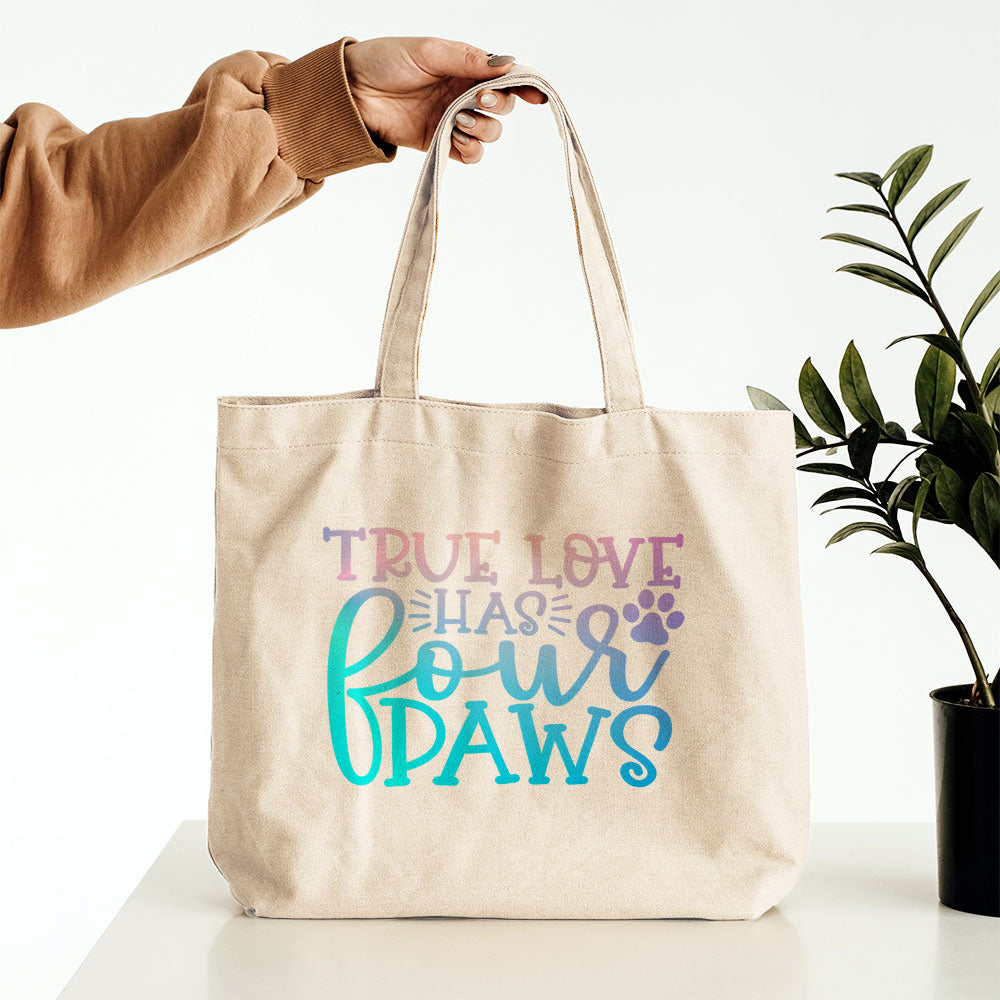 True Love Has Fours Paws With Blue Gradient Font Totes at $22.95 found at Personalizedpetlovergifts