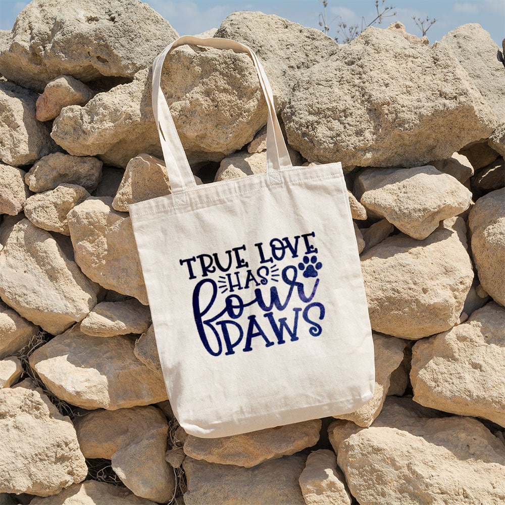 True Love Has Fours Paws With Galaxy Font Totes at $22.95 found at Personalizedpetlovergifts