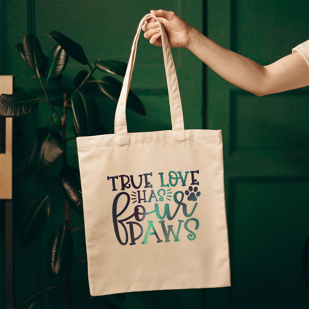 True Love Has Fours Paws With Green Galaxy Font Totes at $22.95 found at Personalizedpetlovergifts