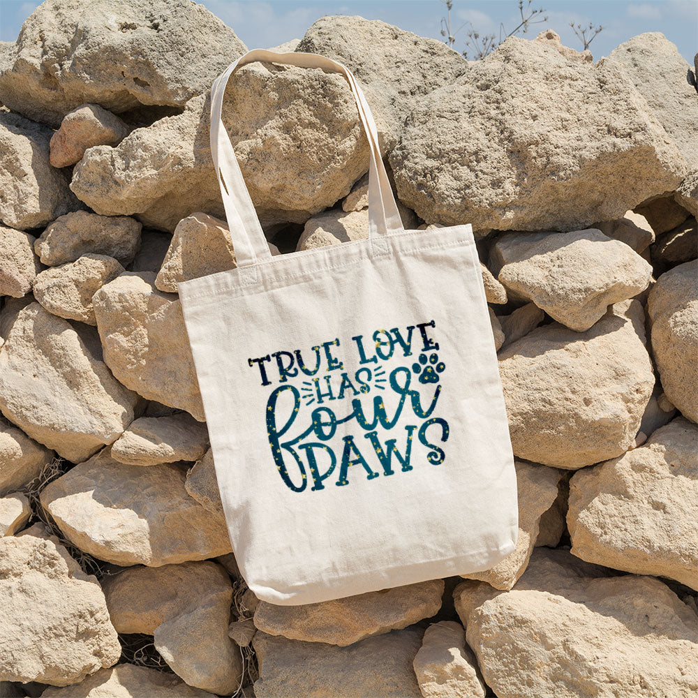 True Love Has Fours Paws With Star Font Totes at $22.95 found at Personalizedpetlovergifts