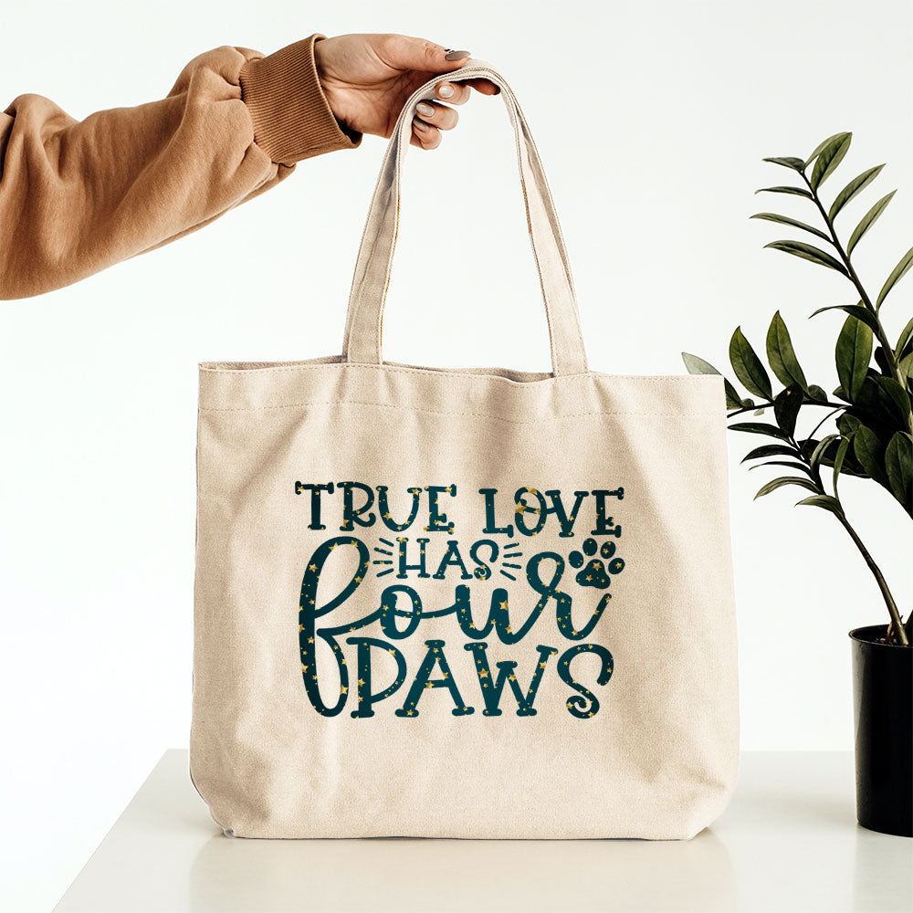 True Love Has Fours Paws With Star Font Totes at $22.95 found at Personalizedpetlovergifts