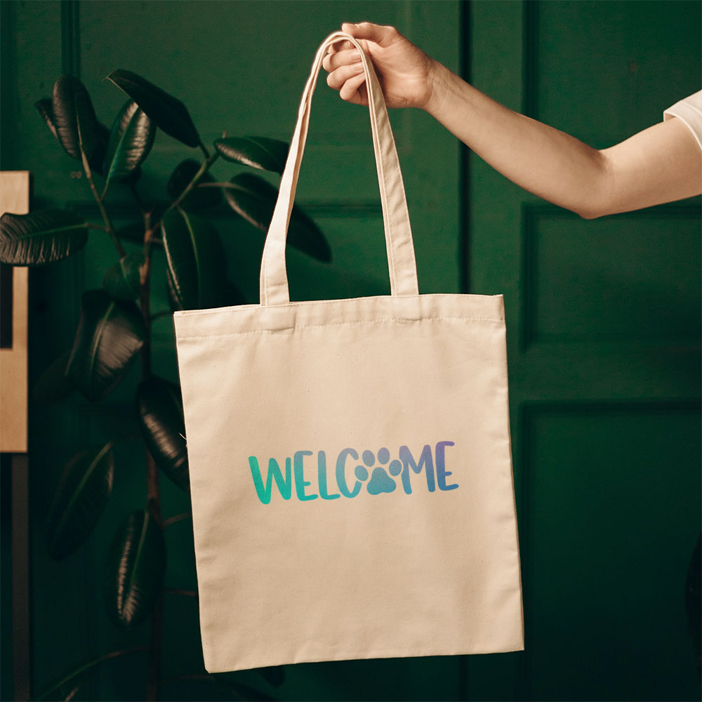 Welcome Paw With Blue Gradient Font Totes at $22.95 found at Personalizedpetlovergifts