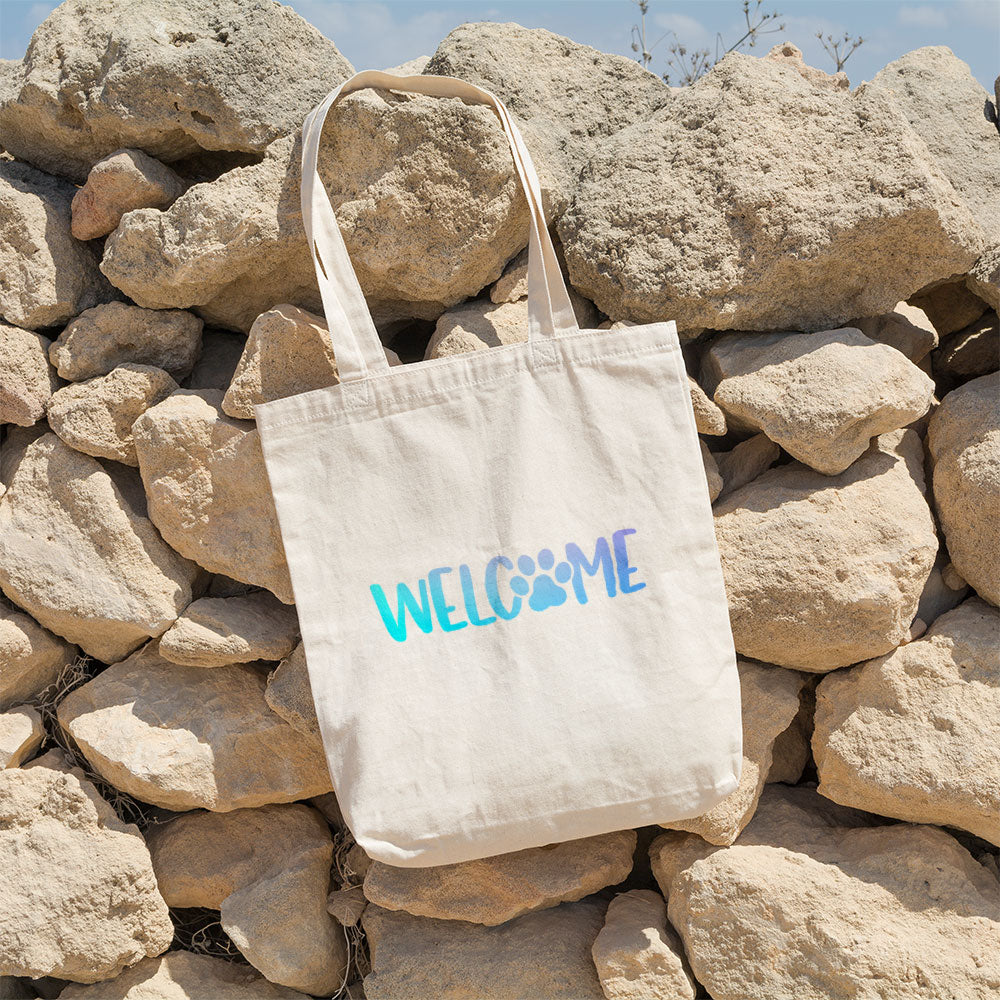 Welcome Paw With Blue Gradient Font Totes at $22.95 found at Personalizedpetlovergifts