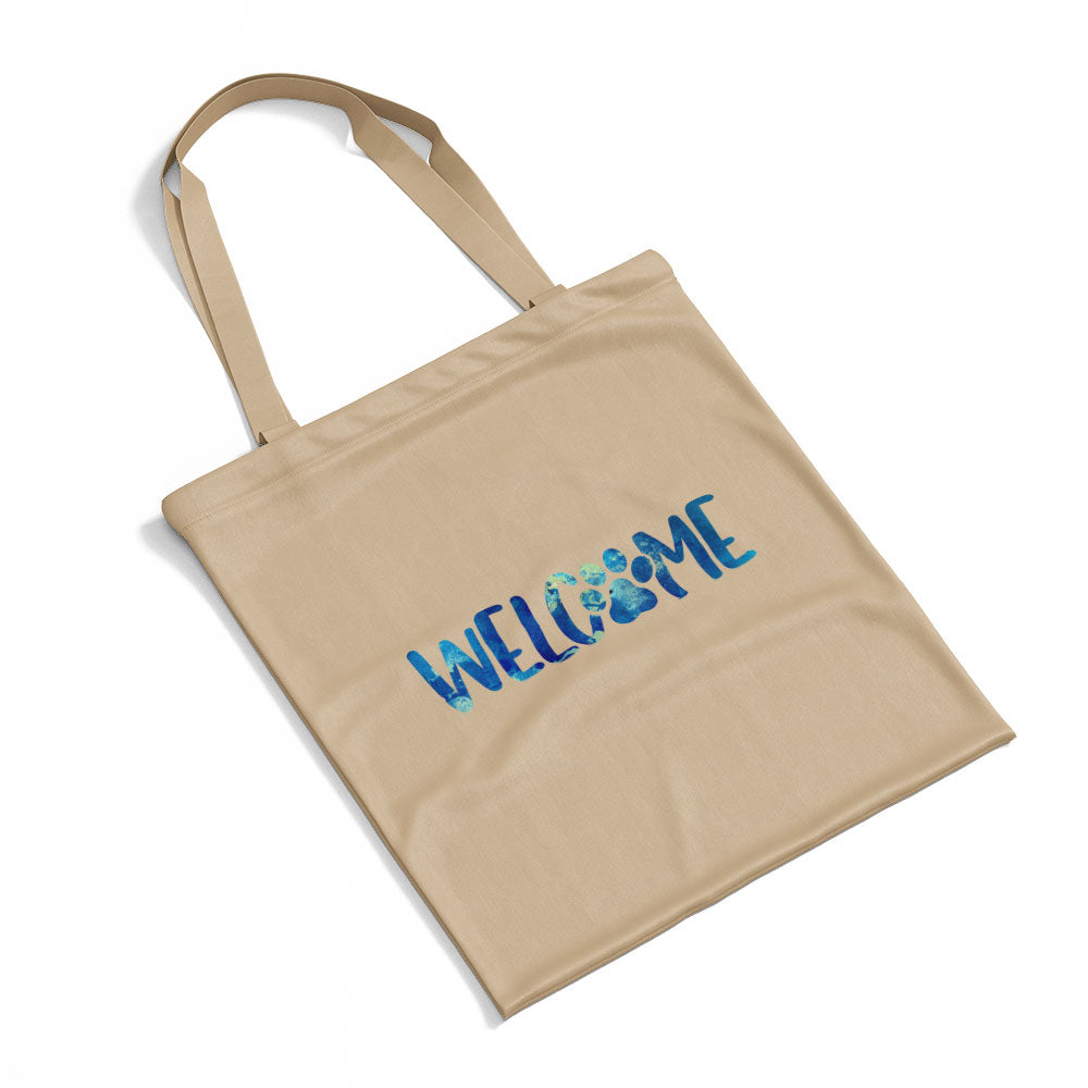 Welcome Paw With Blue Paint Font Totes at $22.95 found at Personalizedpetlovergifts