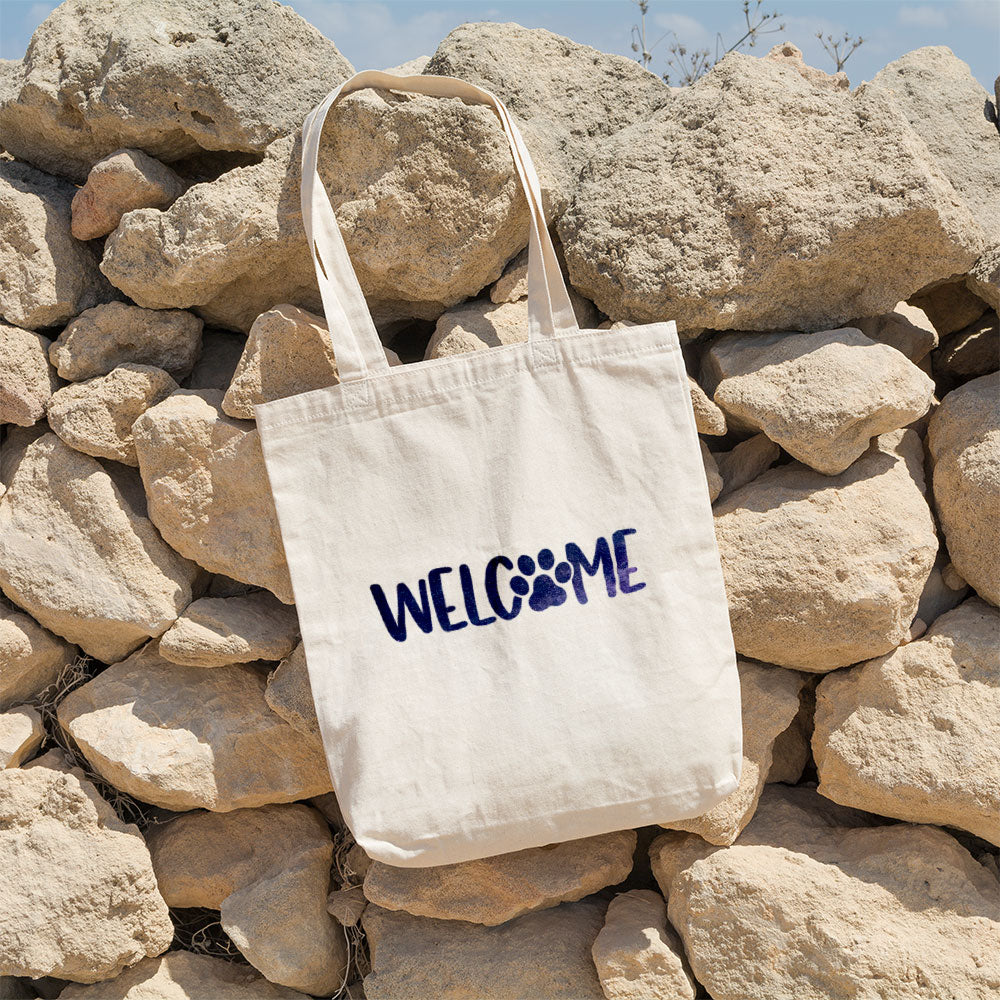 Welcome Paw With Galaxy Font Totes at $22.95 found at Personalizedpetlovergifts