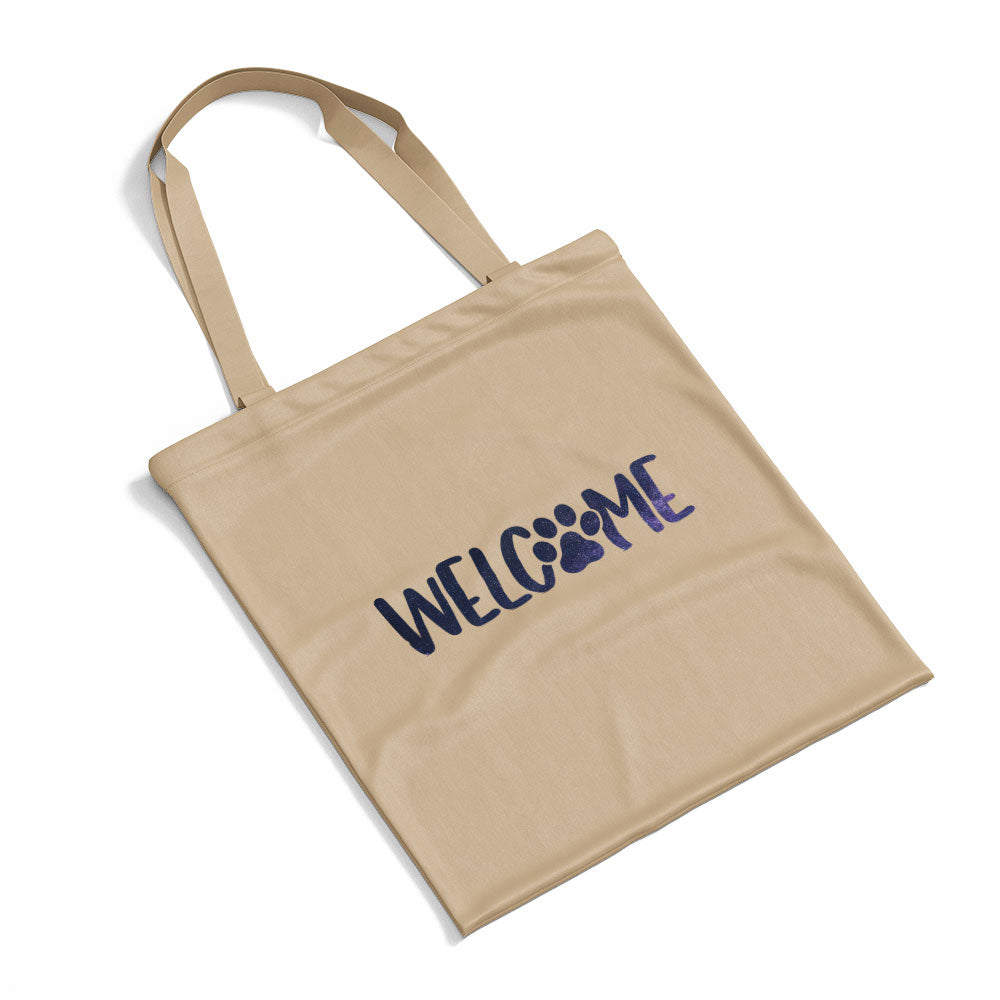 Welcome Paw With Galaxy Font Totes at $22.95 found at Personalizedpetlovergifts