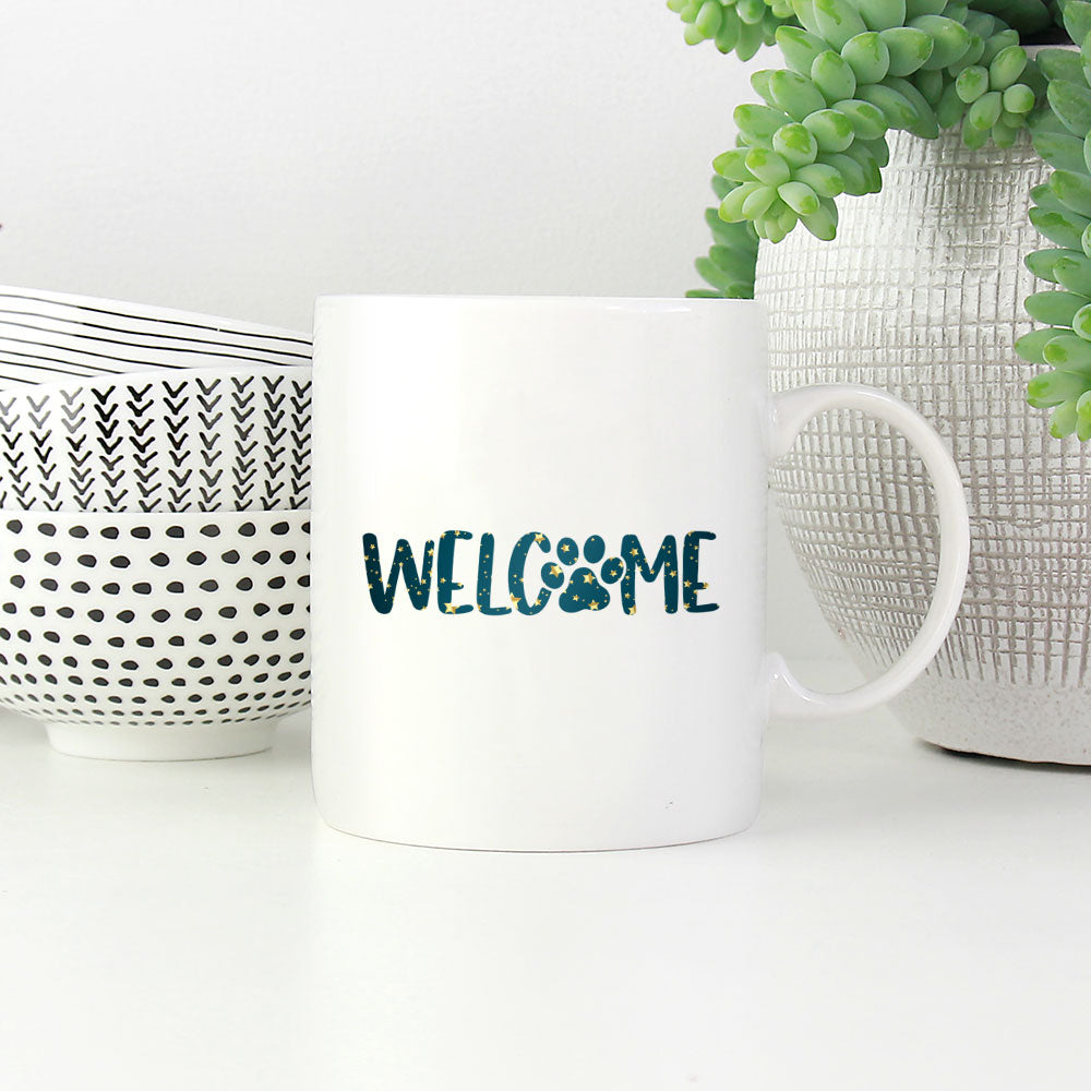 Welcome Paw with star font Mugs at $13.95 found at Personalizedpetlovergifts