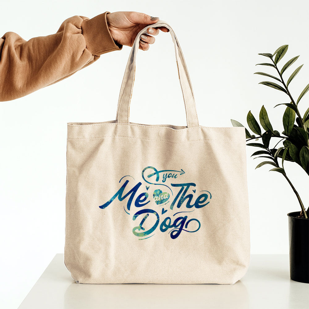 You Me And The Dog With Blue Paint Font Totes at $22.95 found at Personalizedpetlovergifts