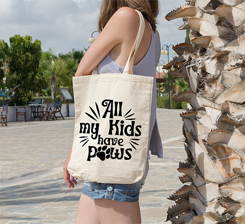 Tote Bag with Dog Design and phrase "All My Kids Have Paws" at $26.97 found at Personalizedpetlovergifts