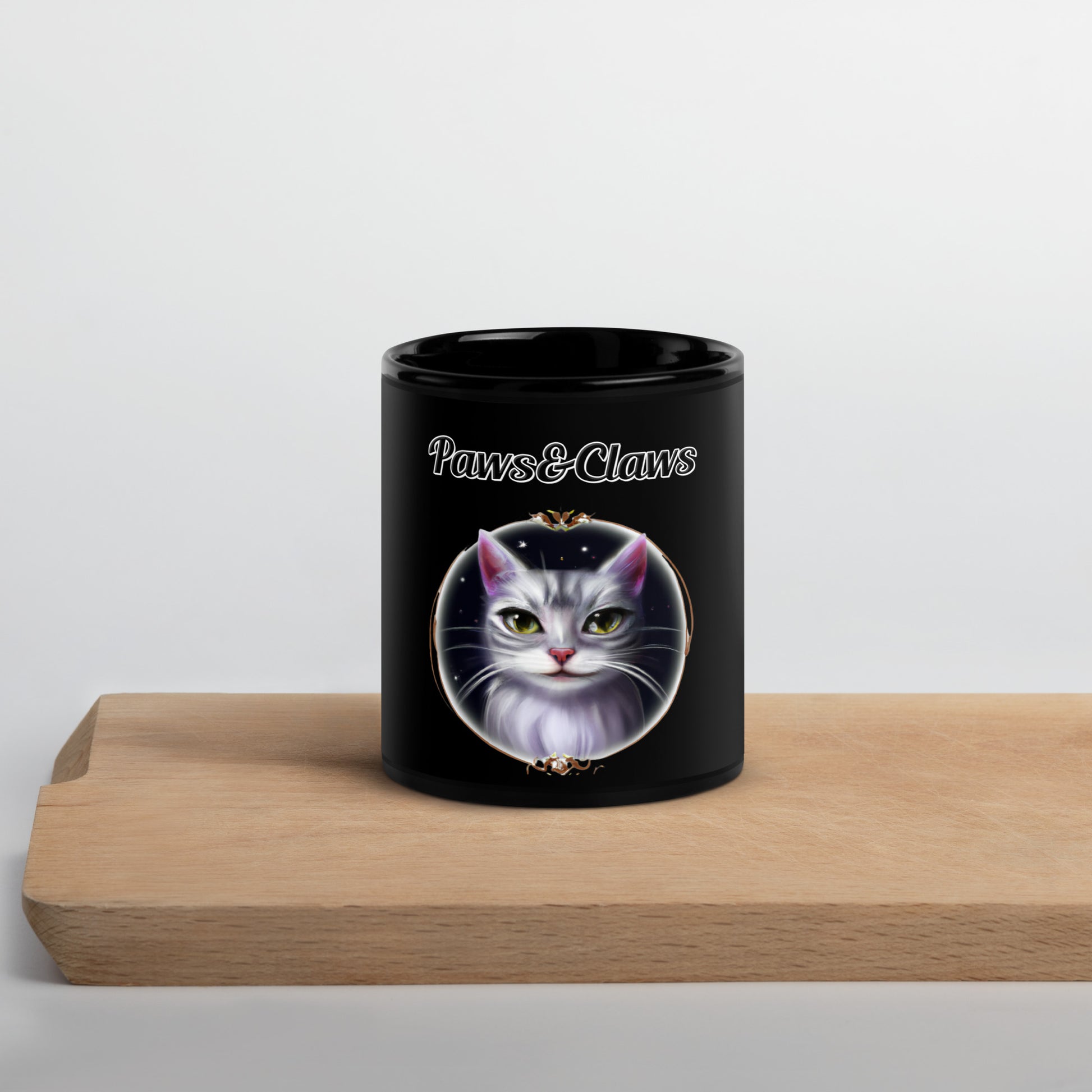 Black Glossy Mug with text Wispy Whiskers Cat In a Circle with a text "Paws&Claws" at $17.99 found at Personalizedpetlovergifts