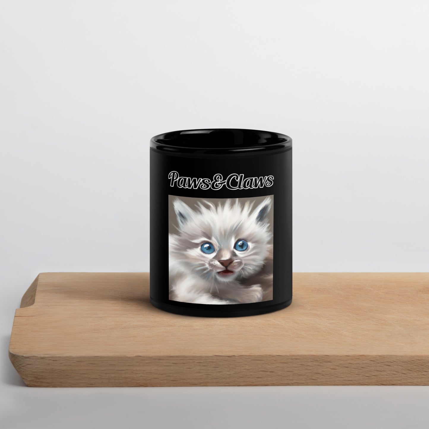 Black Glossy Mug with text Wispy Kitten Painting with a text "Paws&Claws" at $17.99 found at Personalizedpetlovergifts