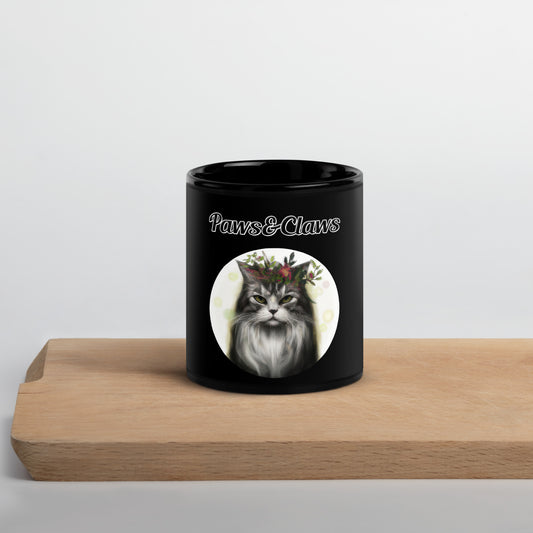 Black Glossy Mug with text Wispy Haired Cat With Flowers with a text "Paws&Claws" at $17.99 found at Personalizedpetlovergifts