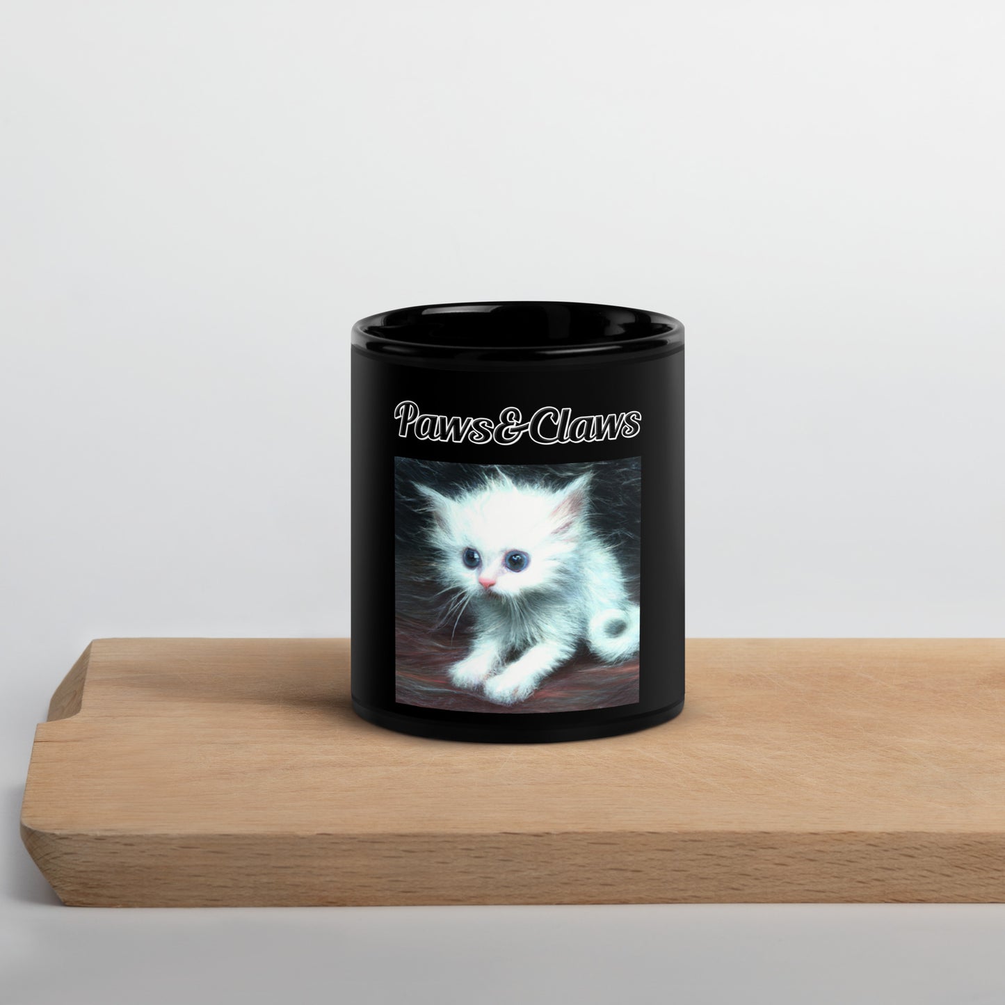 Black Glossy Mug with text Wispy Furred Kitten with a text "Paws&Claws" at $17.99 found at Personalizedpetlovergifts