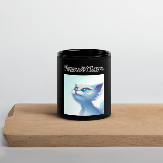 Black Glossy Mug with text White Wind Swept Kitten With Blue Eyes with a text "Paws&Claws" at $17.99 found at Personalizedpetlovergifts