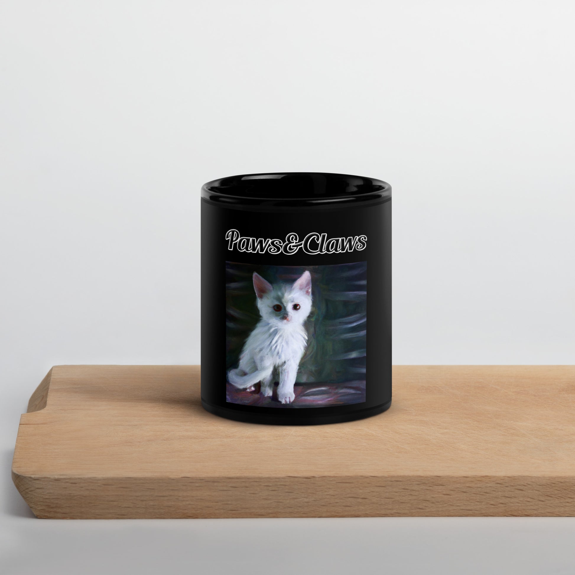 Black Glossy Mug with text White White Cat with a text "Paws&Claws" at $17.99 found at Personalizedpetlovergifts