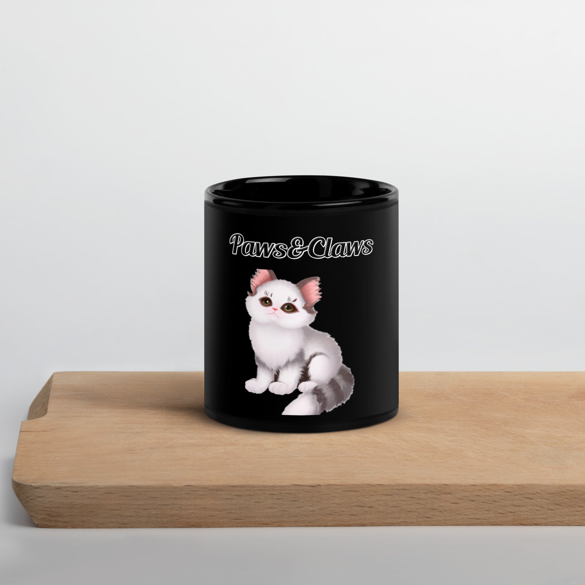 Black Glossy Mug with text White Stripy Kitten with a text "Paws&Claws" at $17.99 found at Personalizedpetlovergifts