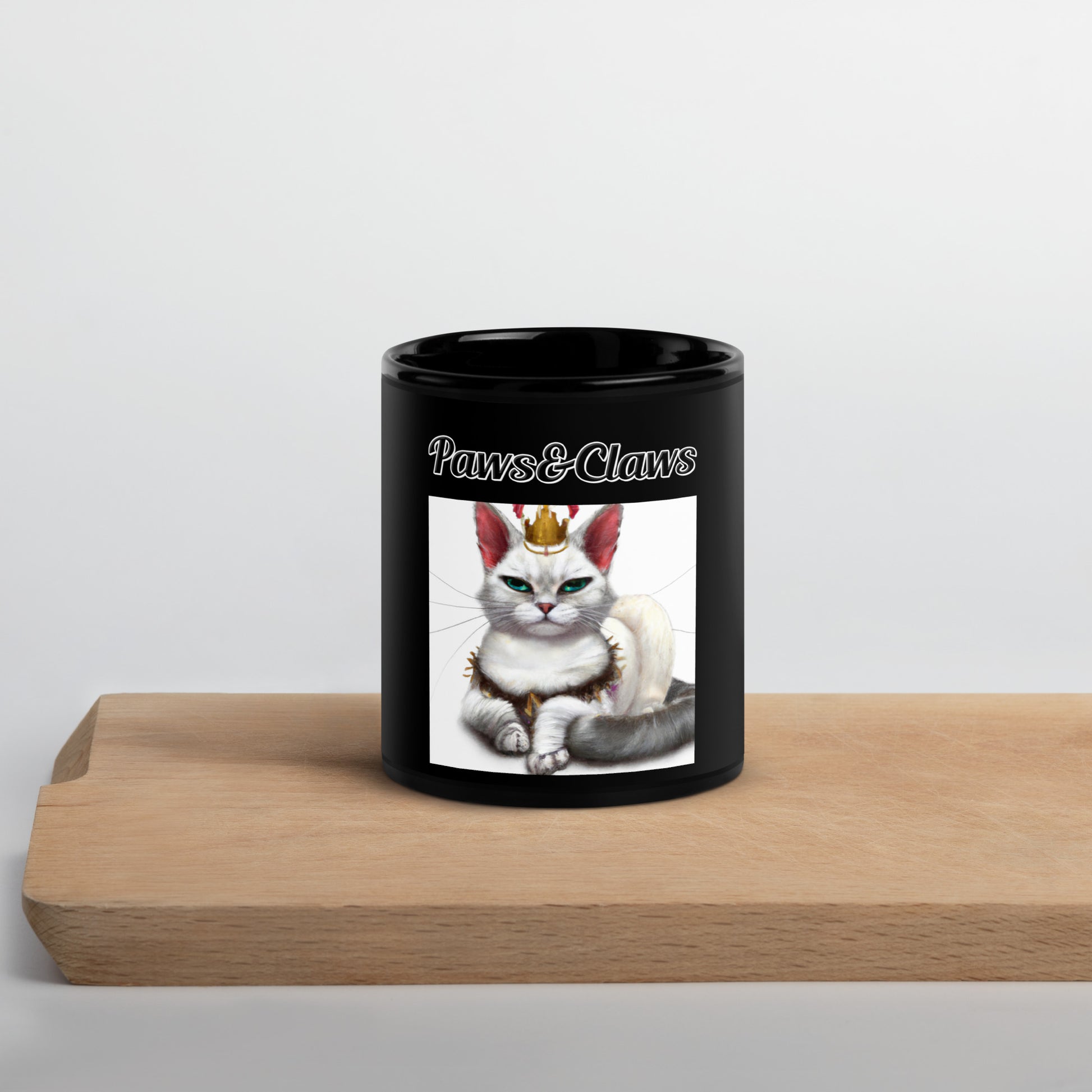 Black Glossy Mug with text White Queen Cat with a text "Paws&Claws" at $17.99 found at Personalizedpetlovergifts