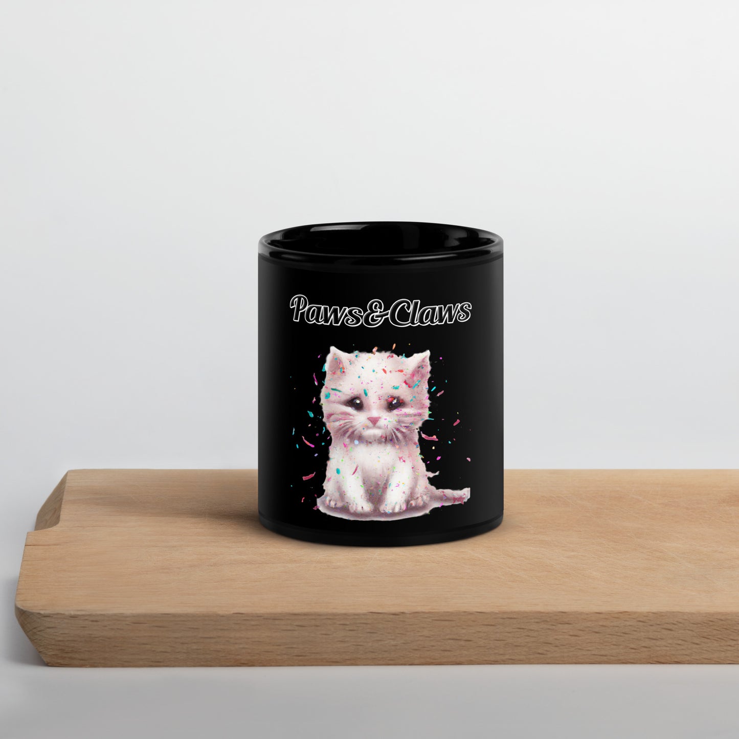 Black Glossy Mug with text White Kitten With Confetti with a text "Paws&Claws" at $17.99 found at Personalizedpetlovergifts