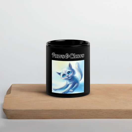 Black Glossy Mug with text White Kitten Stretching with a text "Paws&Claws" at $17.99 found at Personalizedpetlovergifts