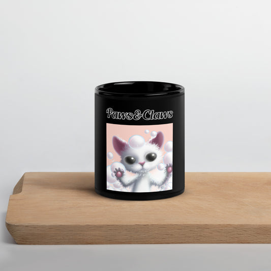 Black Glossy Mug with text White Kitten Playing With Bubbles with a text "Paws&Claws" at $17.99 found at Personalizedpetlovergifts