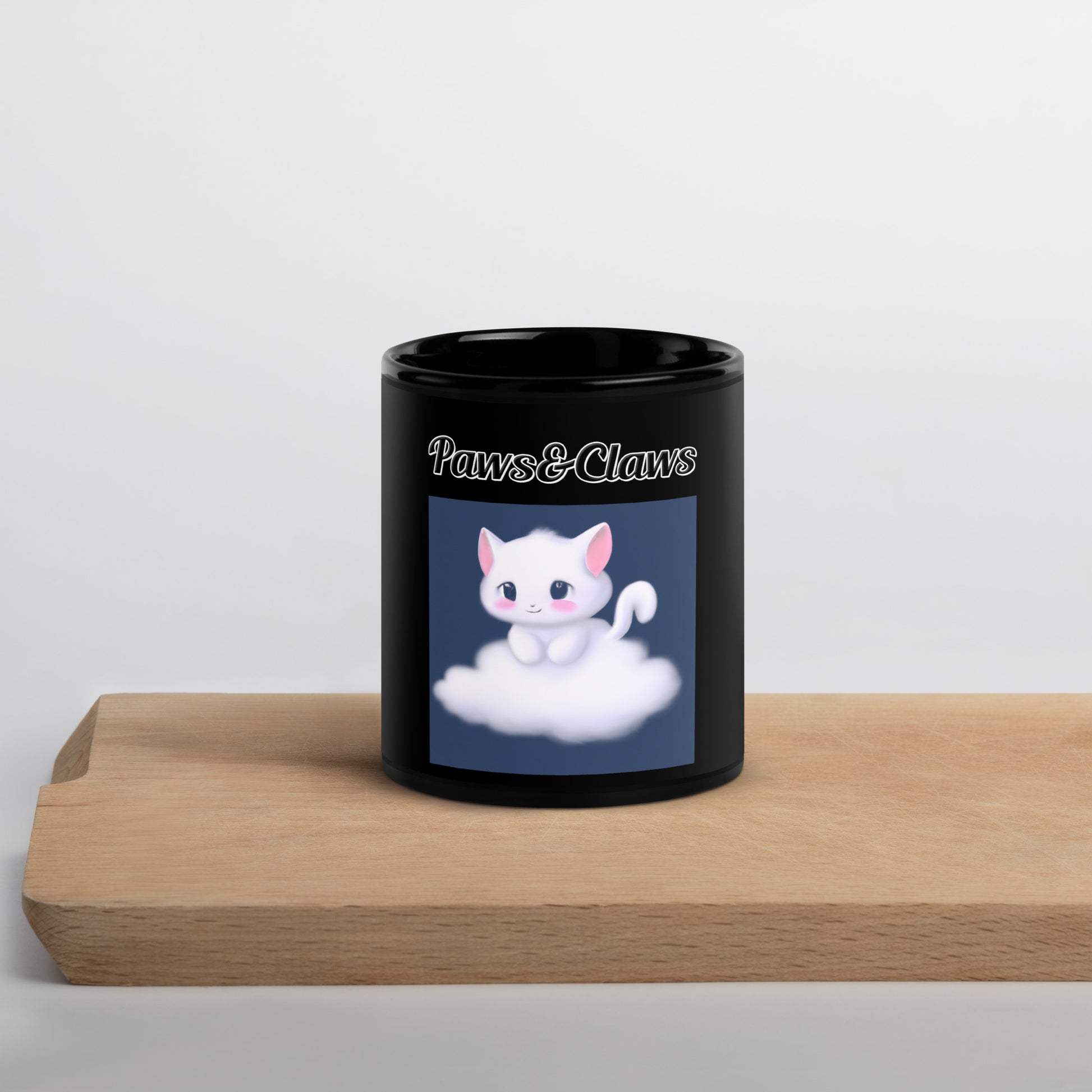 Black Glossy Mug with text White Kitten On a Cloud with a text "Paws&Claws" at $17.99 found at Personalizedpetlovergifts