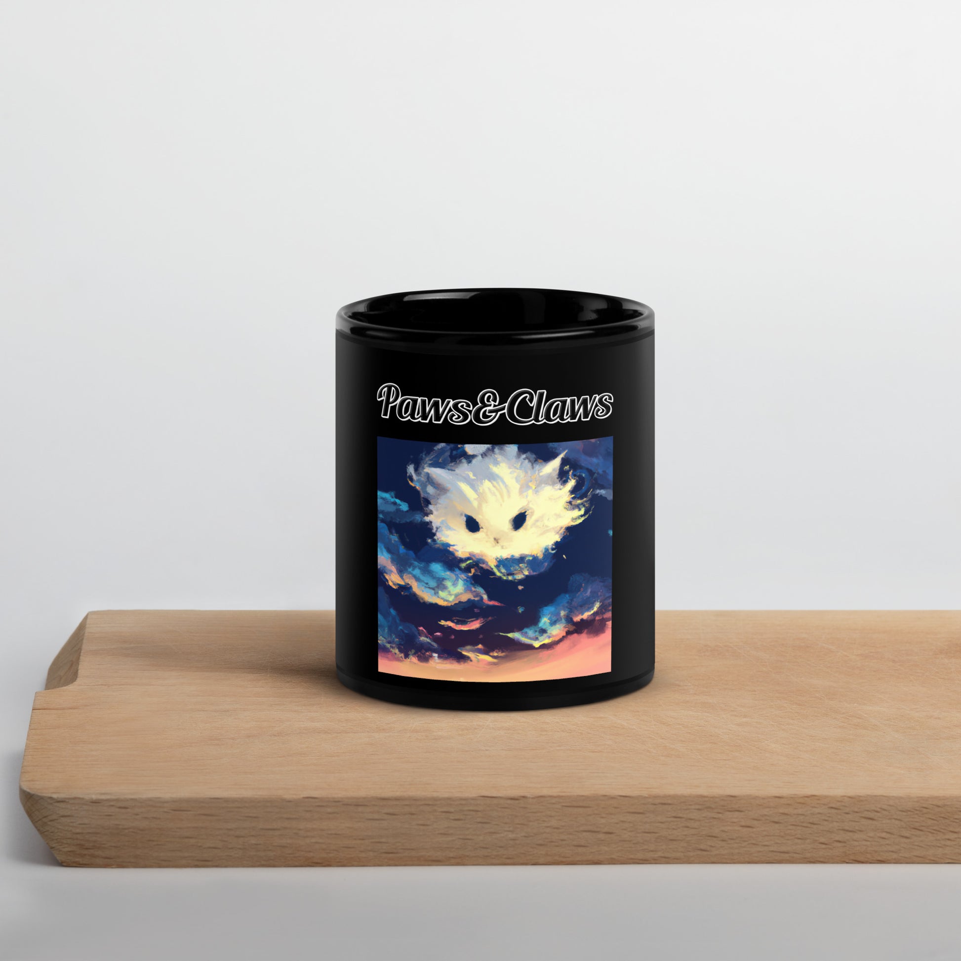 Black Glossy Mug with text White Kitten Cloud Painting with a text "Paws&Claws" at $17.99 found at Personalizedpetlovergifts