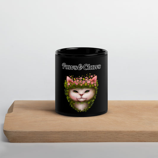 Black Glossy Mug with text White Cat With Flowers with a text "Paws&Claws" at $17.99 found at Personalizedpetlovergifts