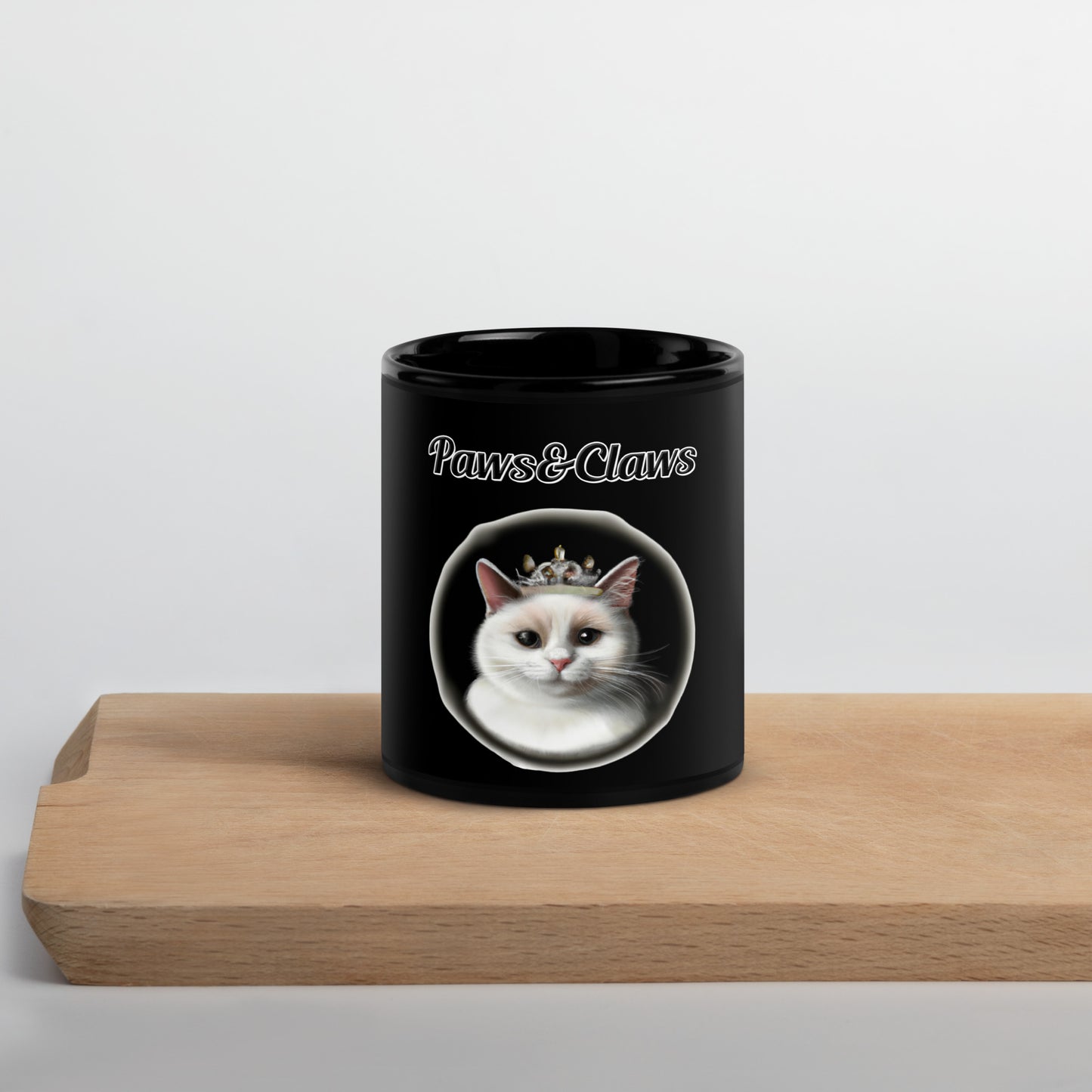 Black Glossy Mug with text White Cat With a Tiara with a text "Paws&Claws" at $17.99 found at Personalizedpetlovergifts