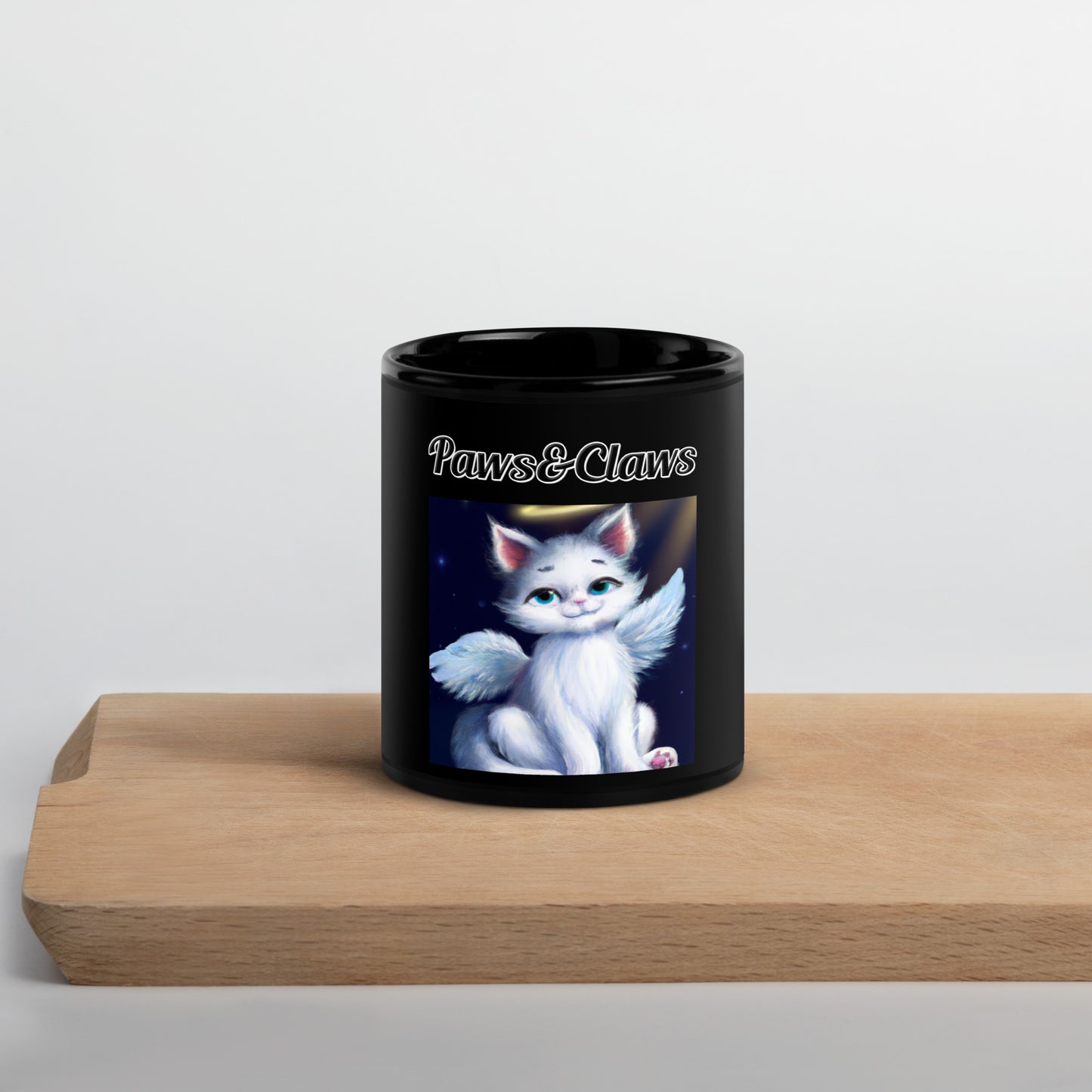 Black Glossy Mug with text White Angel Cat with a text "Paws&Claws" at $17.99 found at Personalizedpetlovergifts