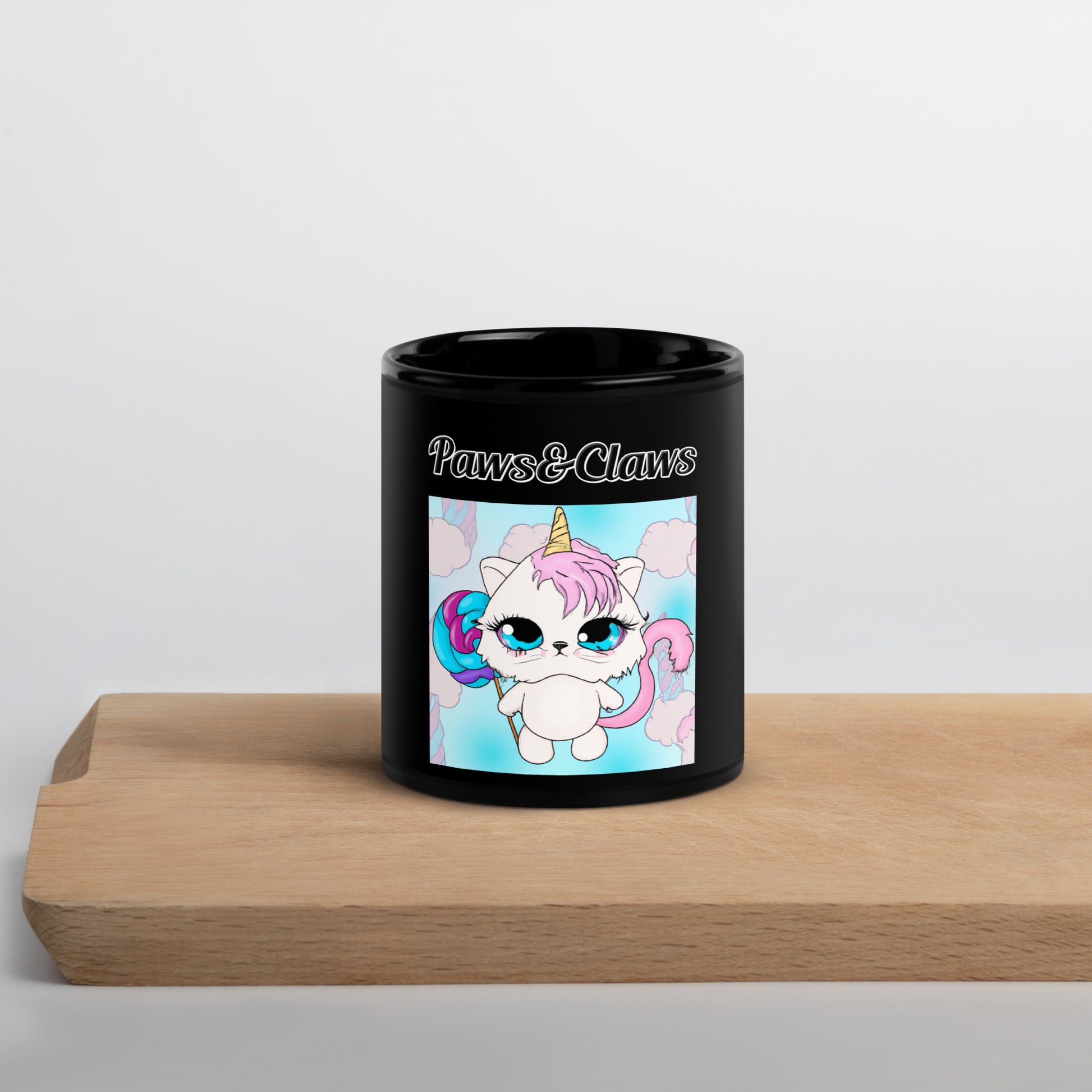 Black Glossy Mug with text Unicorn Kitten With Lollipop with a text "Paws&Claws" at $17.99 found at Personalizedpetlovergifts