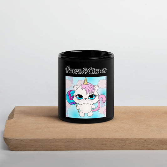 Black Glossy Mug with text Unicorn Kitten With Lollipop with a text "Paws&Claws" at $17.99 found at Personalizedpetlovergifts