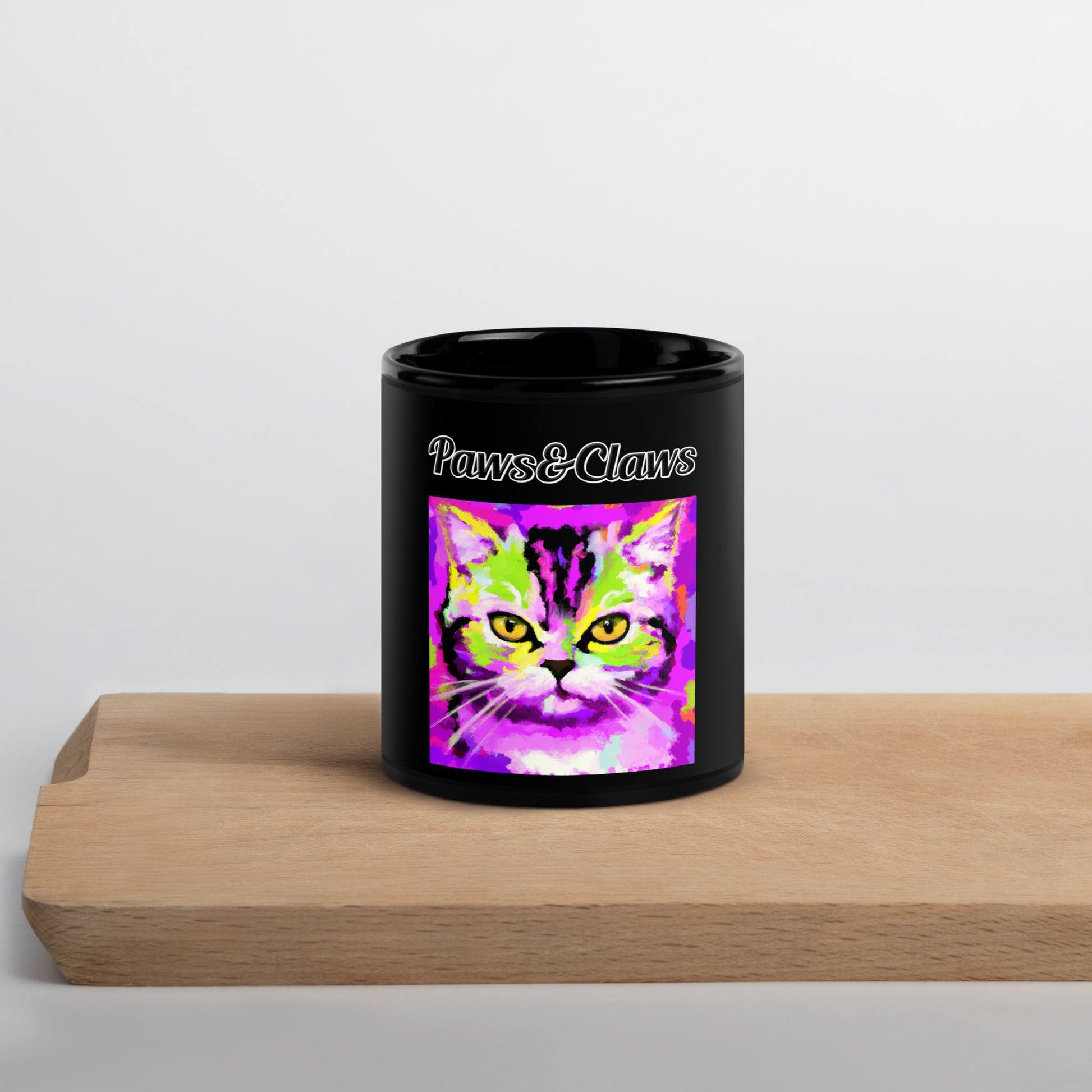 Black Glossy Mug with text Trippy Cat with a text "Paws&Claws" at $17.99 found at Personalizedpetlovergifts