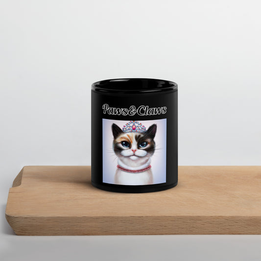 Black Glossy Mug with text Tri-Colored Cat With A Tiara with a text "Paws&Claws" at $17.99 found at Personalizedpetlovergifts