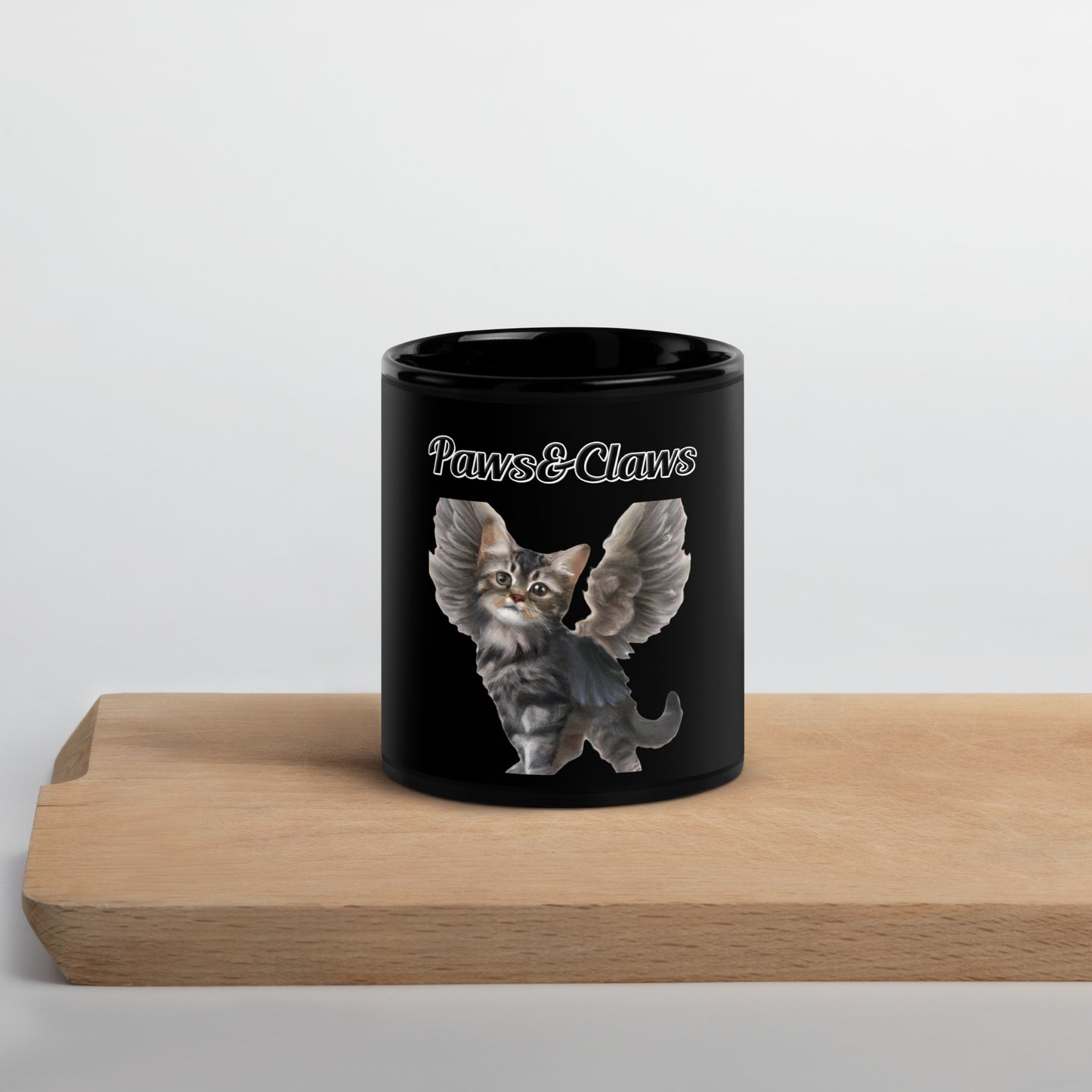 Black Glossy Mug with text Tabby Cat With Angel Wings with a text "Paws&Claws" at $17.99 found at Personalizedpetlovergifts