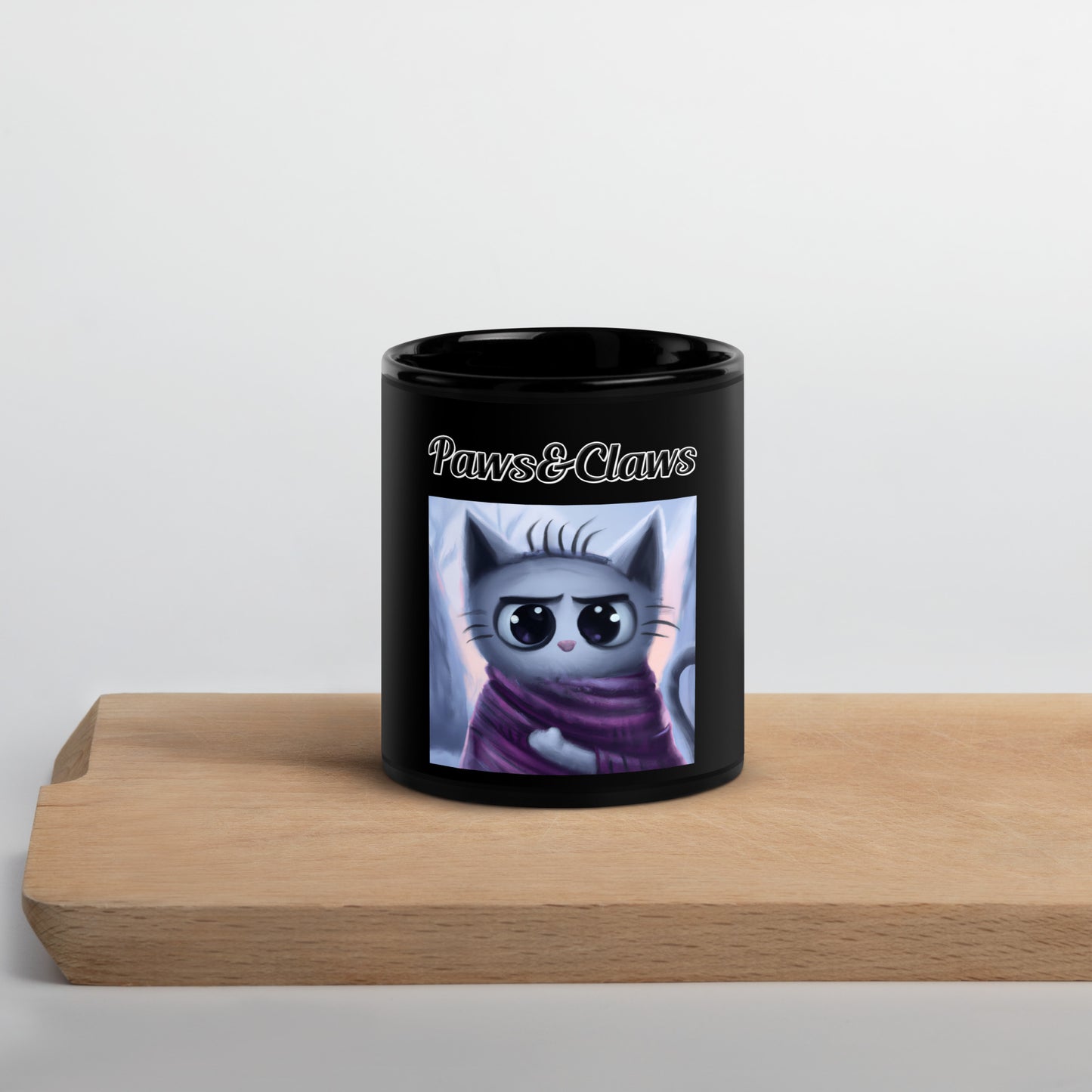 Black Glossy Mug with text Surprised Kitten In A Shawl with a text "Paws&Claws" at $17.99 found at Personalizedpetlovergifts