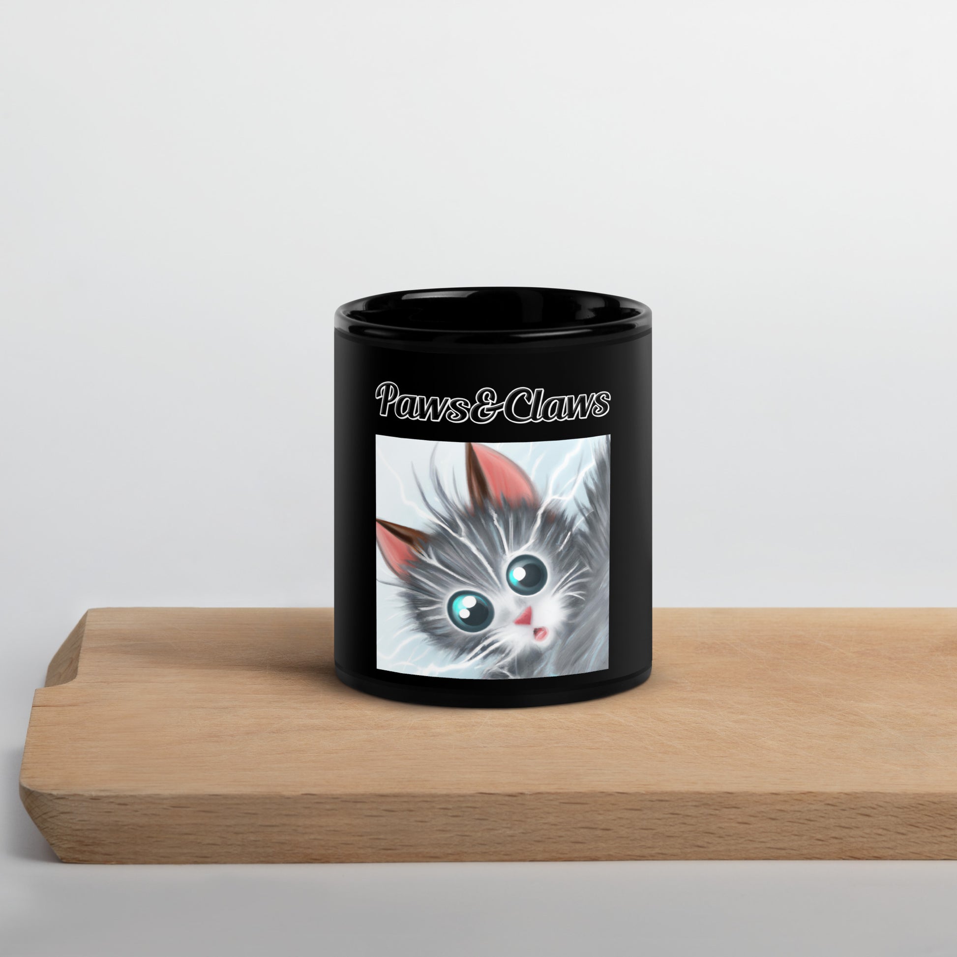 Black Glossy Mug with text Surprised Gray Kitten with a text "Paws&Claws" at $17.99 found at Personalizedpetlovergifts