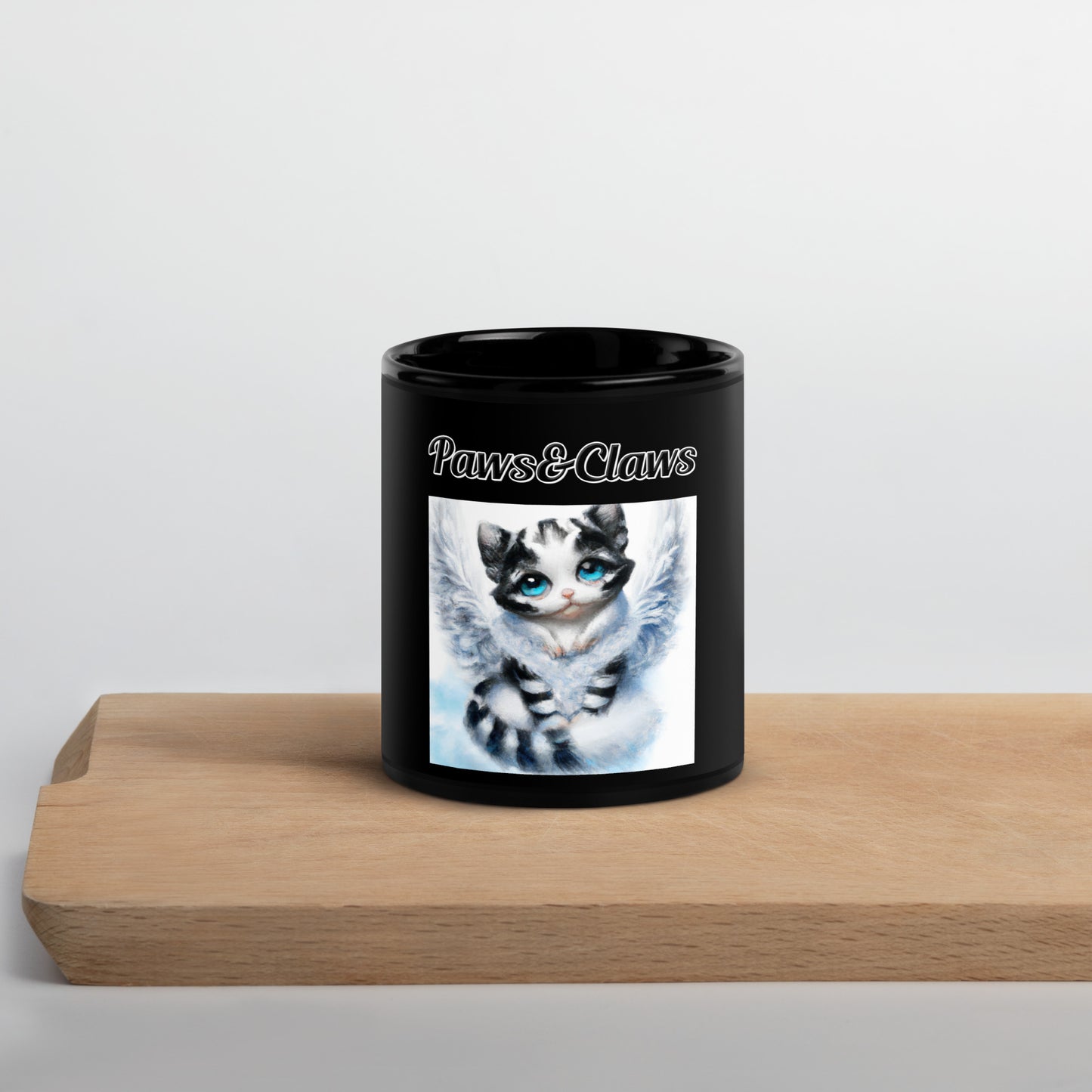 Black Glossy Mug with text Striped Angel Kitten with a text "Paws&Claws" at $17.99 found at Personalizedpetlovergifts