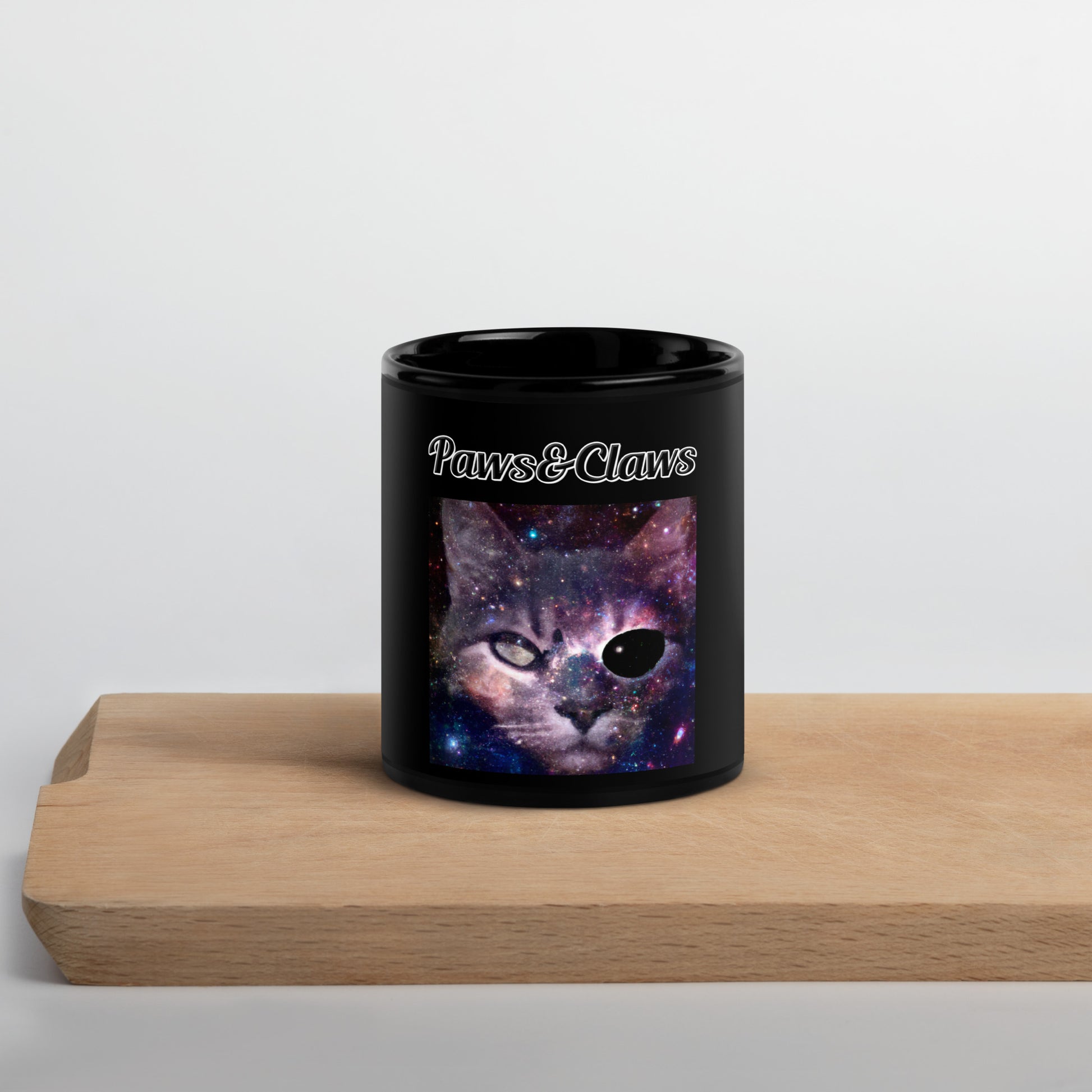 Black Glossy Mug with text Space One Eyed Cat with a text "Paws&Claws" at $17.99 found at Personalizedpetlovergifts