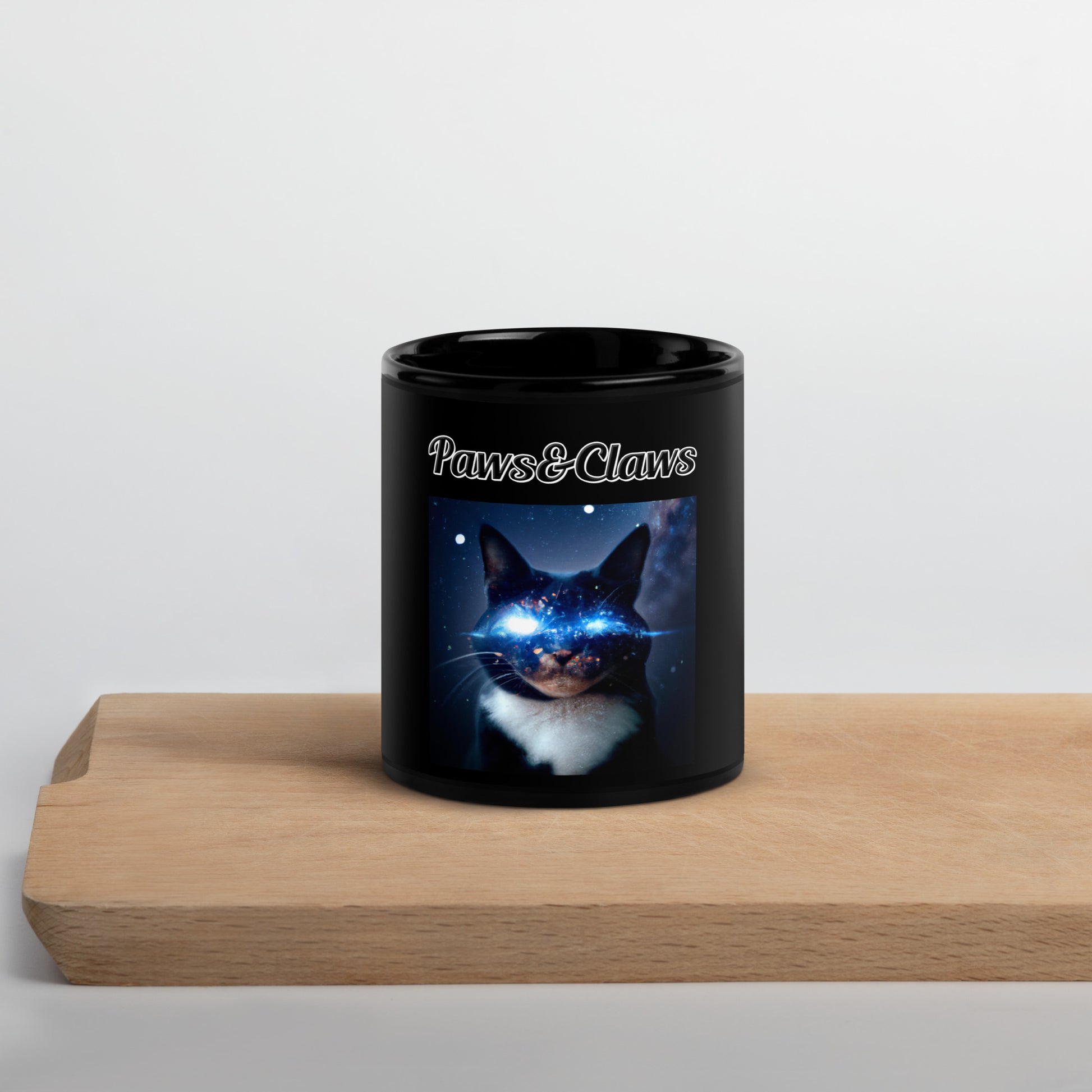 Black Glossy Mug with text Space Eyed Cat with a text "Paws&Claws" at $17.99 found at Personalizedpetlovergifts