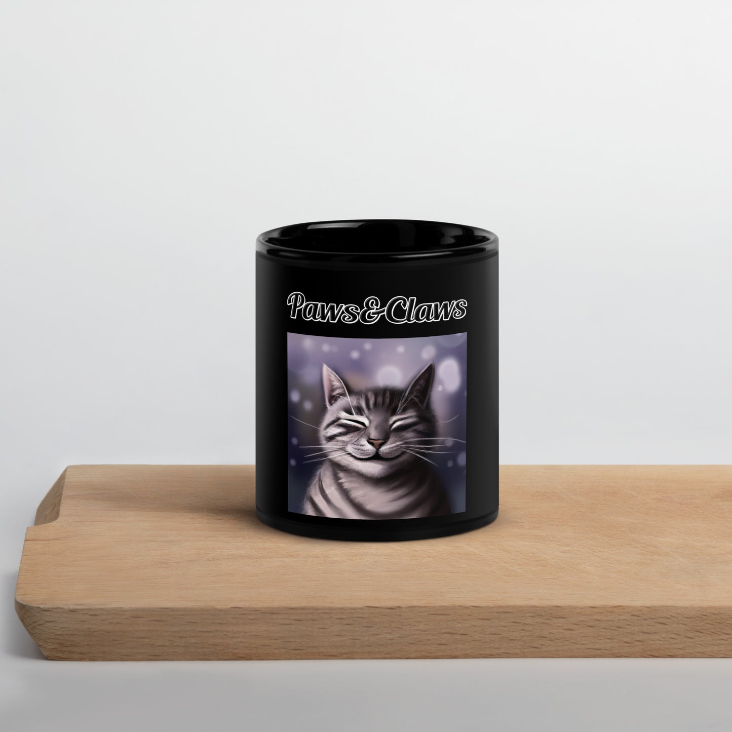 Black Glossy Mug with text Smiling Cat with a text "Paws&Claws" at $17.99 found at Personalizedpetlovergifts