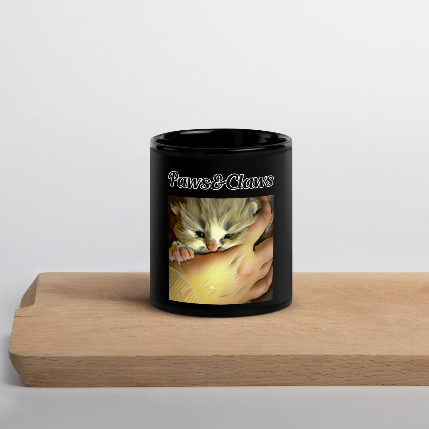 Black Glossy Mug with text Small Kitten In Hand with a text "Paws&Claws" at $17.99 found at Personalizedpetlovergifts